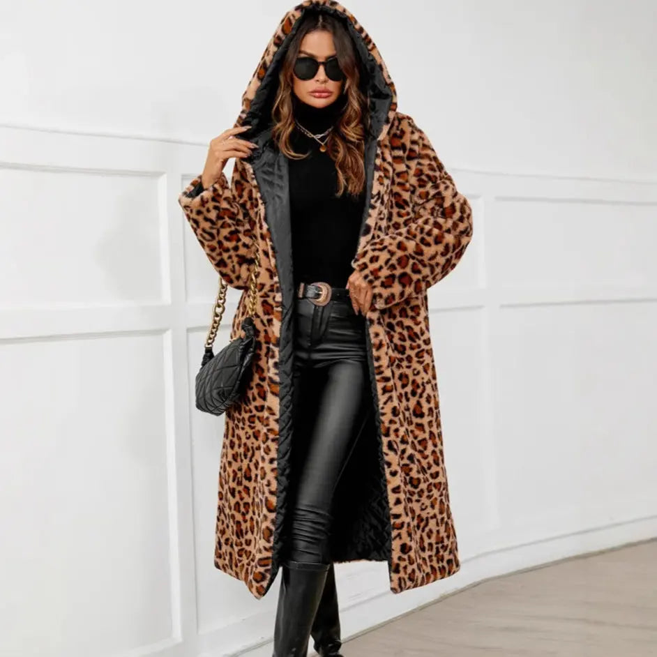 Autumn Winter Leopard Print Coat Cold Proof Plush Long Ladies Hooded Faux Fur Coat Top Trench Coat Richy