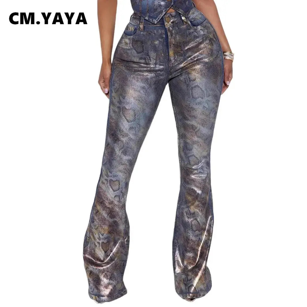 CM.YAYA Denim Women's Set Sleeveless Snakeskin grain Gold stamping tops and Jeans Pants Suit Elastic Two 2 Piece Set Outfits FZwear