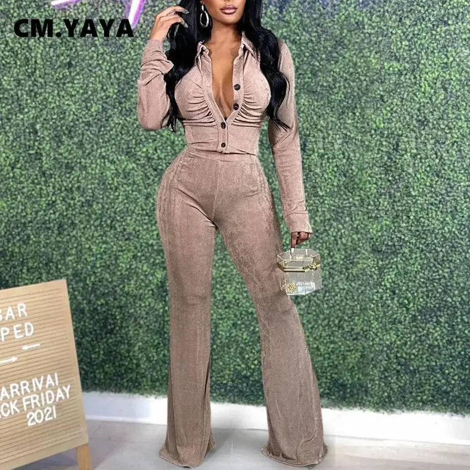 CM.YAYA Elegant Velvet Women Set Ruched Single Breasted Tunic Shirt and Flare Pants Suit Tracksuit Two Piece Set Fitness Outfits FZwear