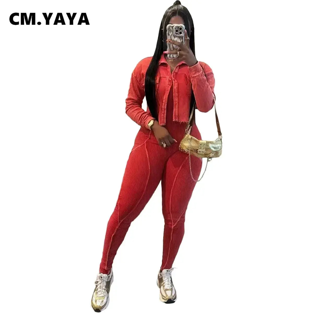 CM.YAYA Fashion Women's Set Washed Knitted Long Sleeve V-neck Coats+pencil Jumpsuits Active Two 2 Piece Set Outfits Tracksuit FZwear