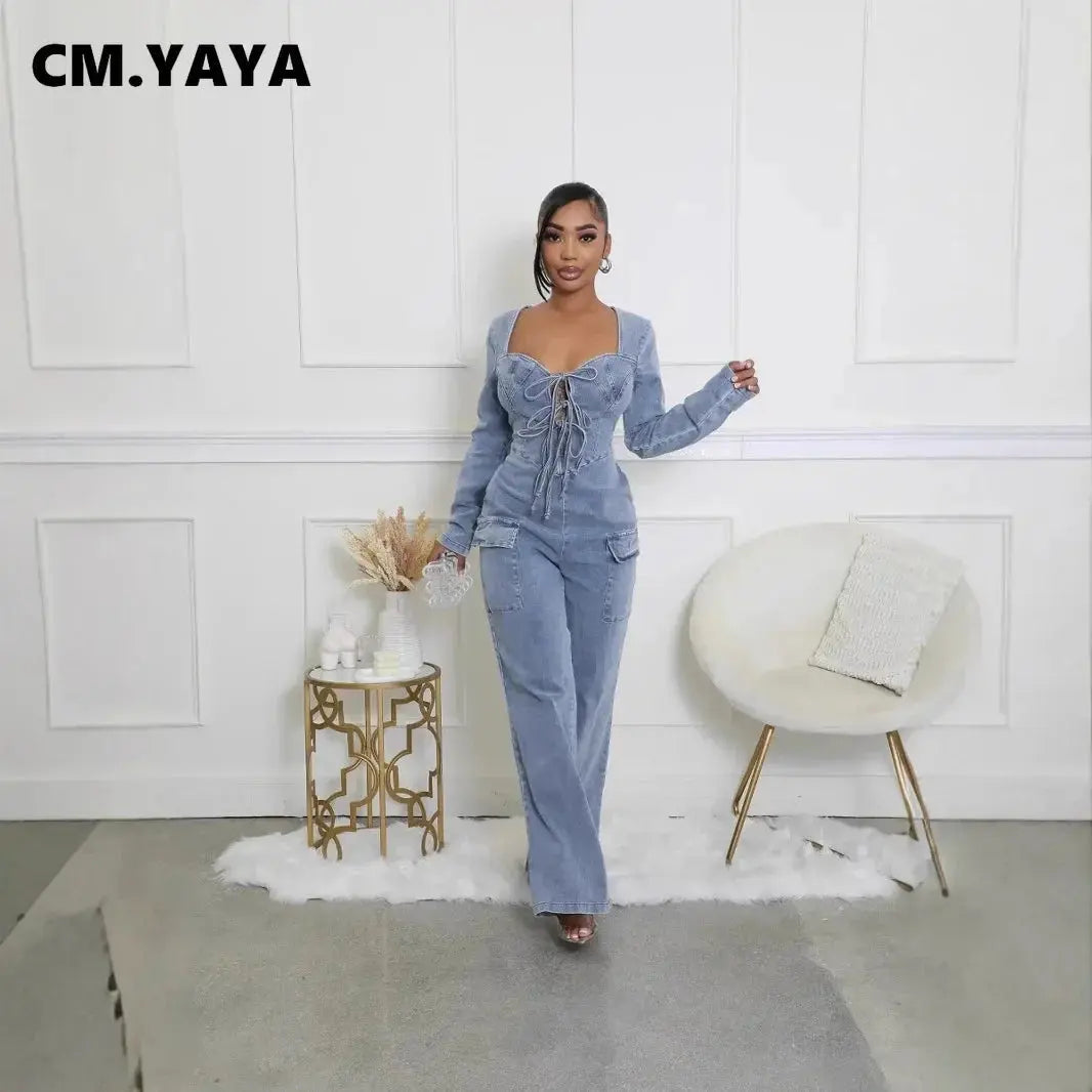 CM.YAYA Women Tie Up Plunging V-neck Cutout Back Denim Washed Long Sleeve Jumpsuits 2024 Oufits Club One Piece Jeans Rompers FZwear