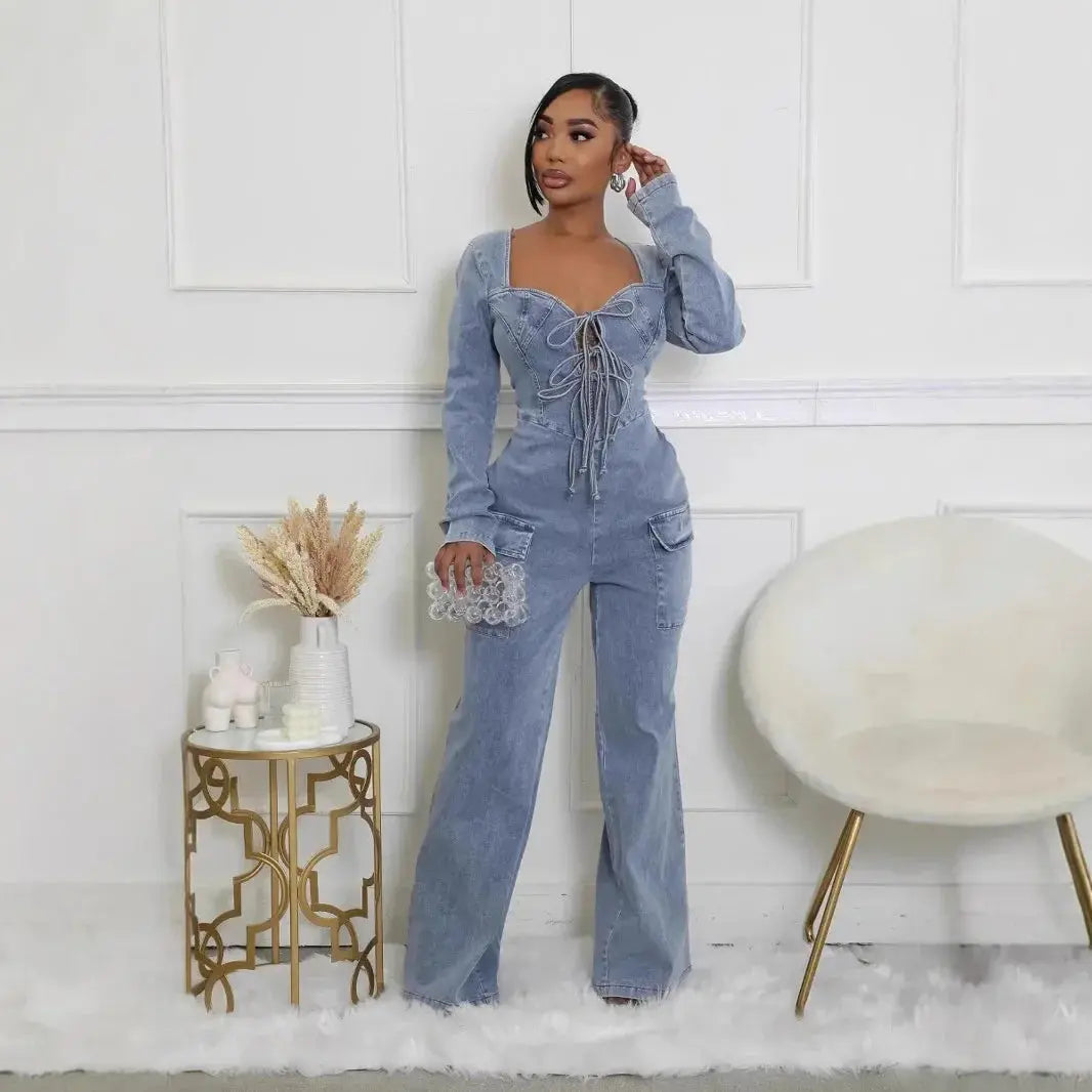 CM.YAYA Women Tie Up Plunging V-neck Cutout Back Denim Washed Long Sleeve Jumpsuits 2024 Oufits Club One Piece Jeans Rompers FZwear