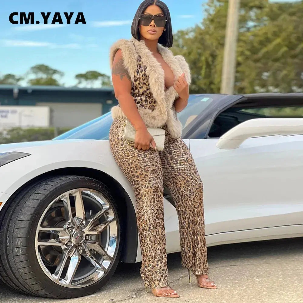 CM.YAYA Women's Set Sleeveless Fur Leopard Sequined V-neck Wool Vest and Pant Suits 2024 Street Two 2 Piece Set Outfit Tracksuit FZwear