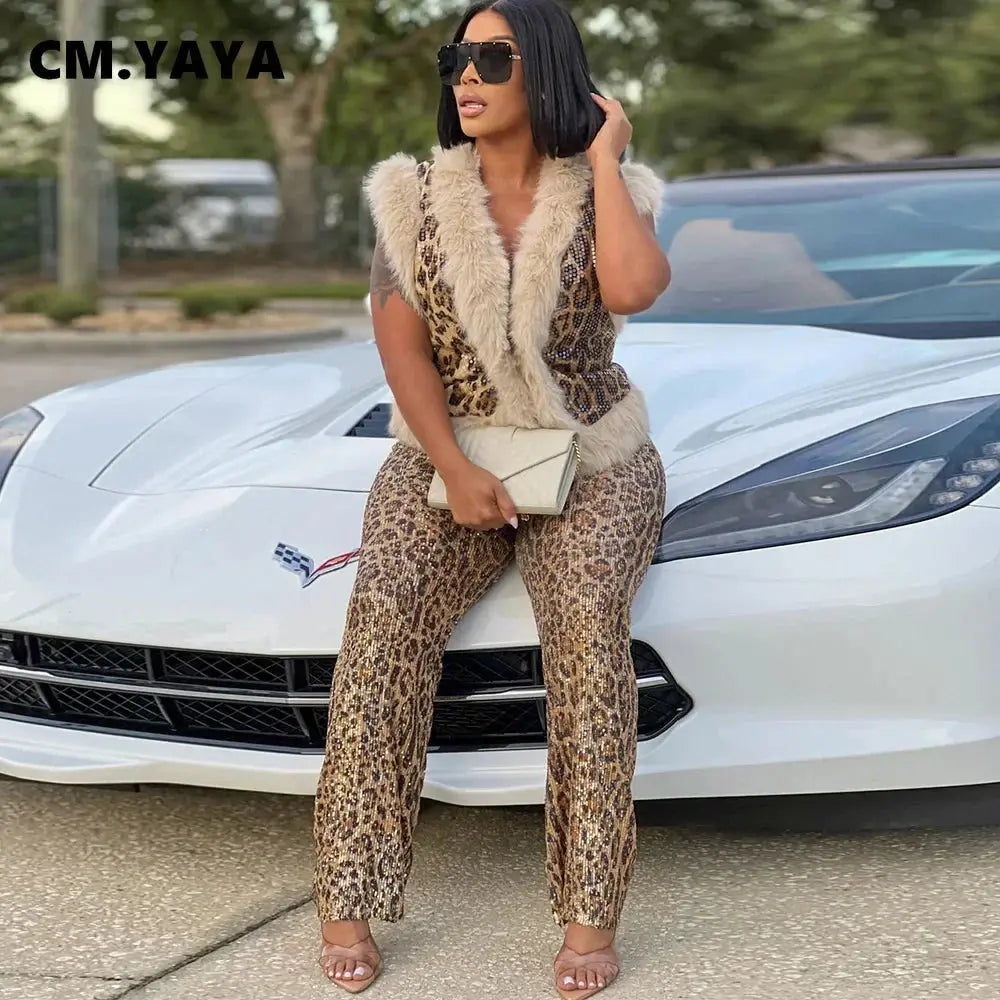 CM.YAYA Women's Set Sleeveless Fur Leopard Sequined V-neck Wool Vest and Pant Suits 2024 Street Two 2 Piece Set Outfit Tracksuit FZwear