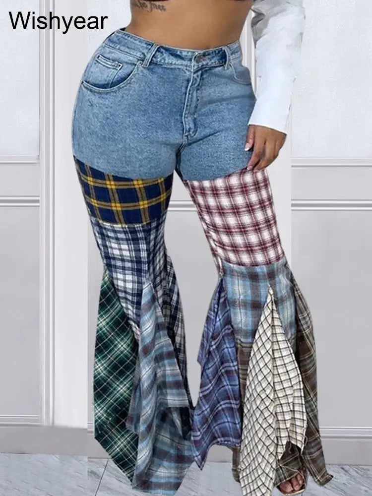 Colorful Plaid Patchwork Flare Baggy Jeans Women Fashion Mid Waist Streetwear Denim Boot Cut Pants Birthday Trouers y2k bottoms FZwear