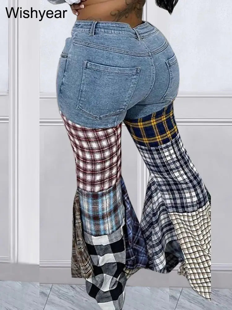 Colorful Plaid Patchwork Flare Baggy Jeans Women Fashion Mid Waist Streetwear Denim Boot Cut Pants Birthday Trouers y2k bottoms FZwear