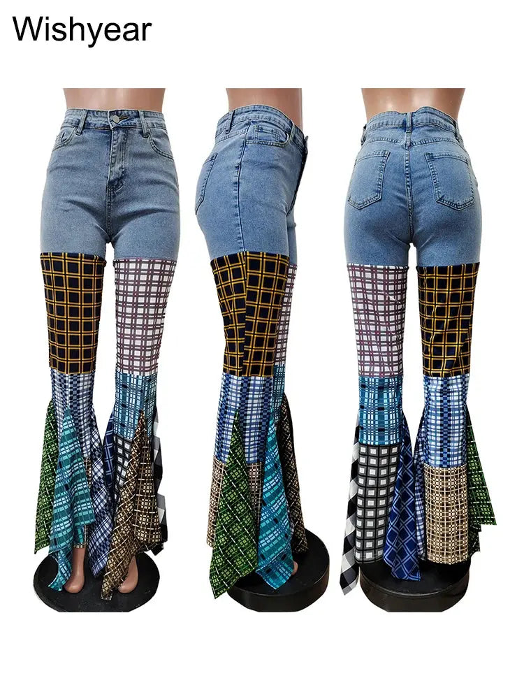 Colorful Plaid Patchwork Flare Baggy Jeans Women Fashion Mid Waist Streetwear Denim Boot Cut Pants Birthday Trouers y2k bottoms FZwear