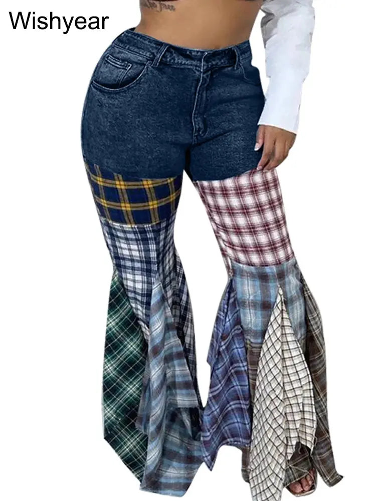 Colorful Plaid Patchwork Flare Baggy Jeans Women Fashion Mid Waist Streetwear Denim Boot Cut Pants Birthday Trouers y2k bottoms FZwear