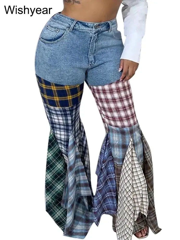 Colorful Plaid Patchwork Flare Baggy Jeans Women Fashion Mid Waist Streetwear Denim Boot Cut Pants Birthday Trouers y2k bottoms FZwear
