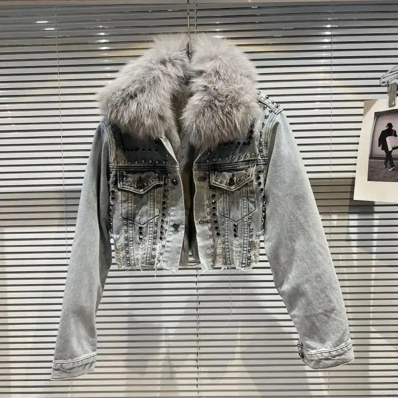 DEAT 2024 Winter New Arrival Fox Fur Collar Rivet Liner Denim Jacket For Women High Street Single-breasted Short Coat 11A01605 FZwear