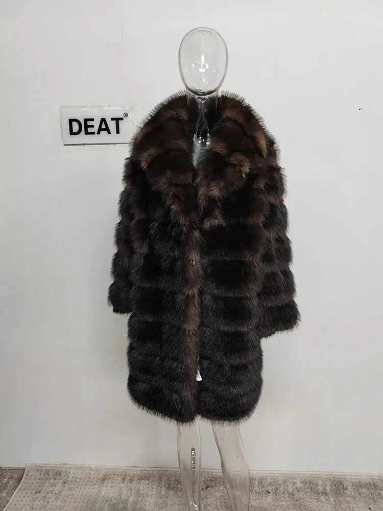 DEAT Fashion Faux Fur Coat Women's Lapel Loose Patchwork Long Sleeves Brown Plush Imitation Mink Jacket Winter 2024 New 7AB6367 FZwear