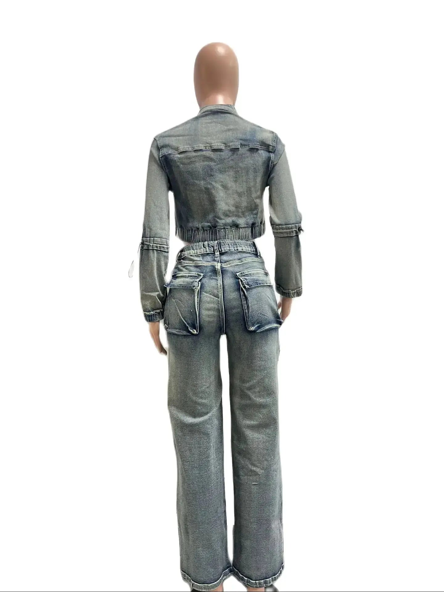 Denim Cropped Jackets 2 Piece Pant Set Sexy Outfits Y2K Streetwear 2024 Women Fall Winter Clothes Denim Jean Pant Two Piece Sets FZwear