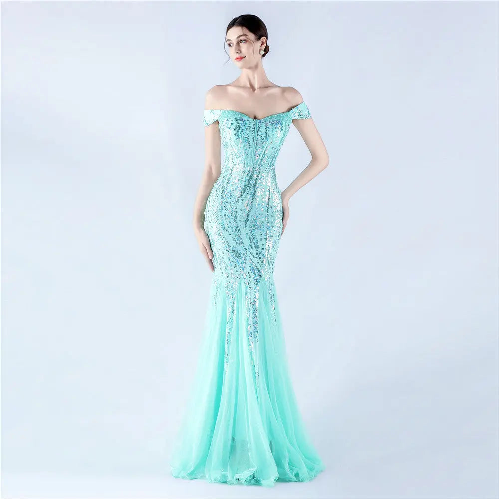 Dress Craft Beaded Mesh Sequin Evening Dress Annual Meeting Performance Host YENYU
