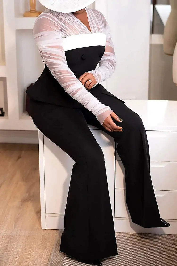 FZ Women's Plus Size Elegant See-Through Knitted Two Piece Pant Suit Xpluswear