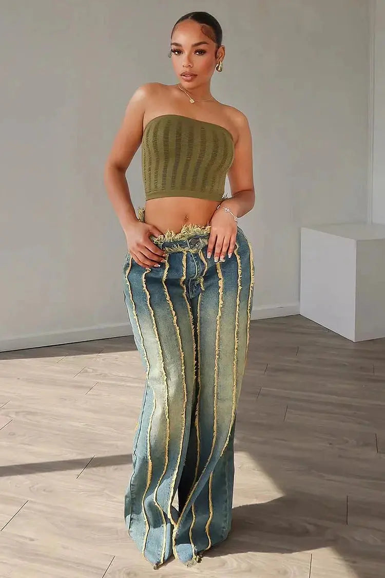 FZ Women's Raw Edge Distressed High Waist Wide Leg Denim pants Loragal