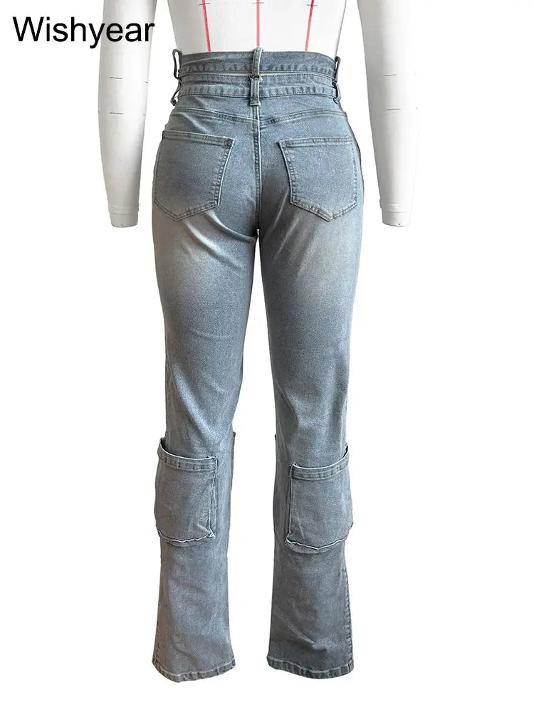 Fashion Cross Bandage Waist Pocket Stretch Denim Cargo Pants Washed Blue Pencil Jeans Women Skinny Trousers Streetwear Bottoms FZwear