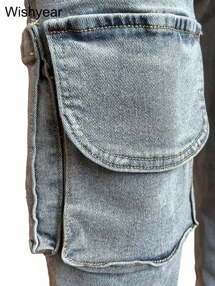 Fashion Cross Bandage Waist Pocket Stretch Denim Cargo Pants Washed Blue Pencil Jeans Women Skinny Trousers Streetwear Bottoms FZwear