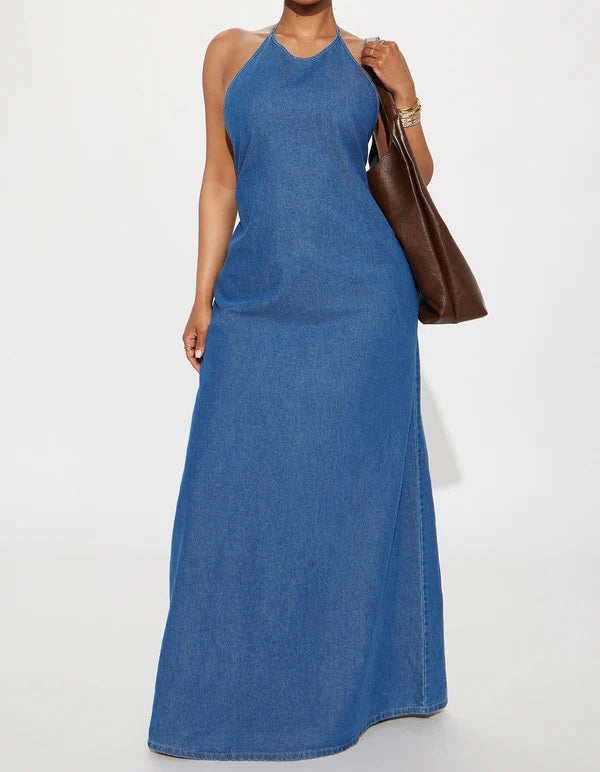 FZ Women's Gemma Backless Halter Maxi Denim Dress