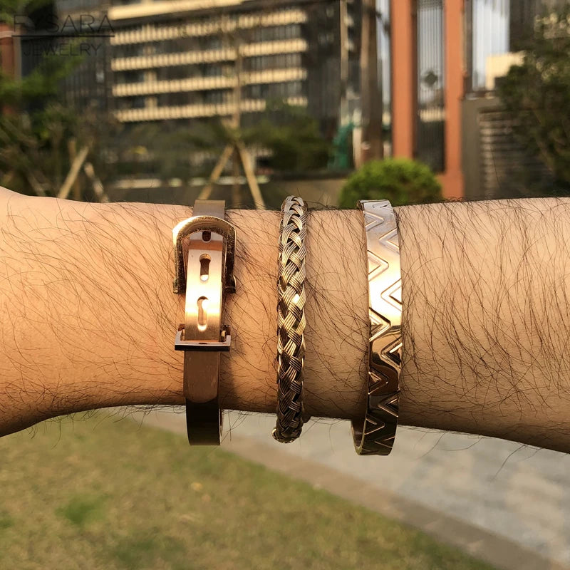 FZ 3pcs/set Luxury Stainless Steel Wristband Braiding V Shaped Cuff Bracelet