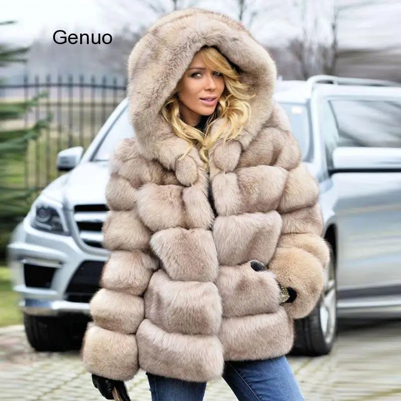 FZ Women's Faux Sheep Fur Fox Long Sleeve Hooded Jacket - FZwear