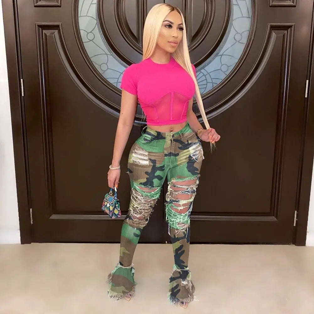 FZ Women's Ripped Fringe Hollow out Ruffle Flare High Waist Denim Pants - FZwear