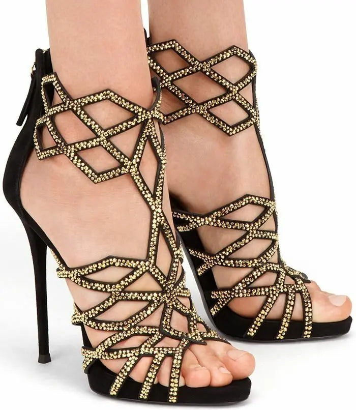 FZ Women's Small Crystal Rhombic Cut out Rhinestone Grid Gladiator Open Toe Shoes