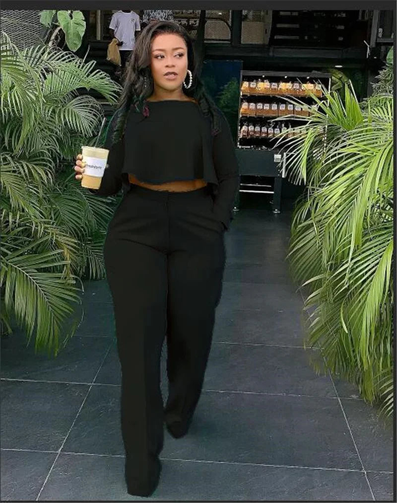 FZ Women's Ruffle Wear Wide Leg Two Piece Pants Suit