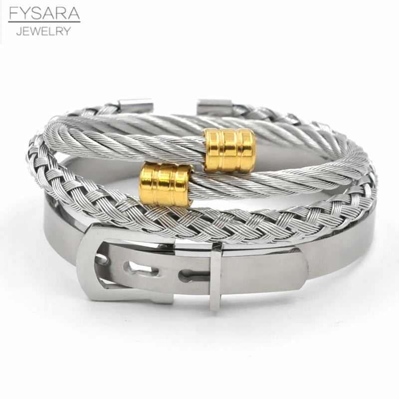 FZ 3pcs/Set Stainless Steel Cable Wire Buckle Bangles Bracelets