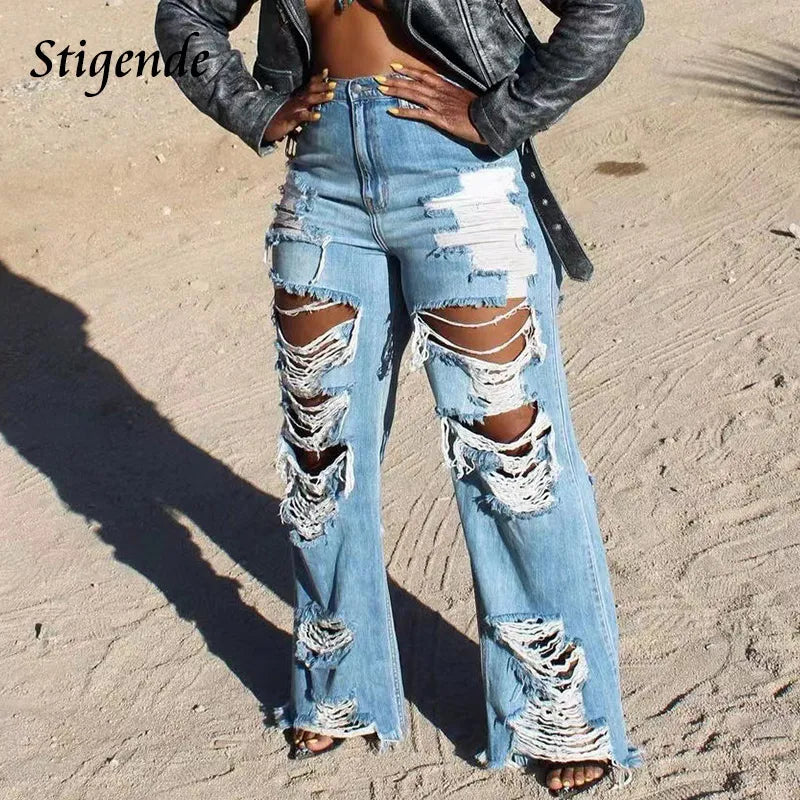 FZ Women's Wide Leg Ripped Sexy Hollow Out Denim Pants - FZwear