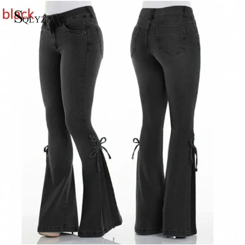 FZ Women's Streetwear Skinny Distressed Flare Lace Up Bell Bottom Denim Pants - FZwear