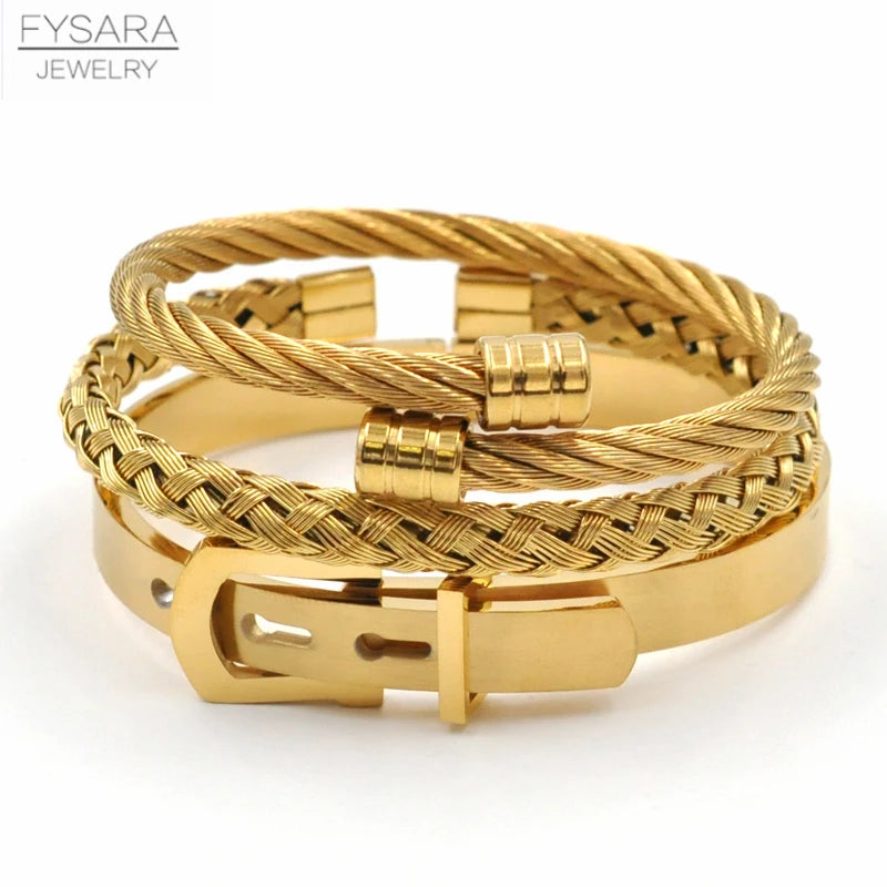 FZ 3pcs/Set Stainless Steel Cable Wire Buckle Bangles Bracelets