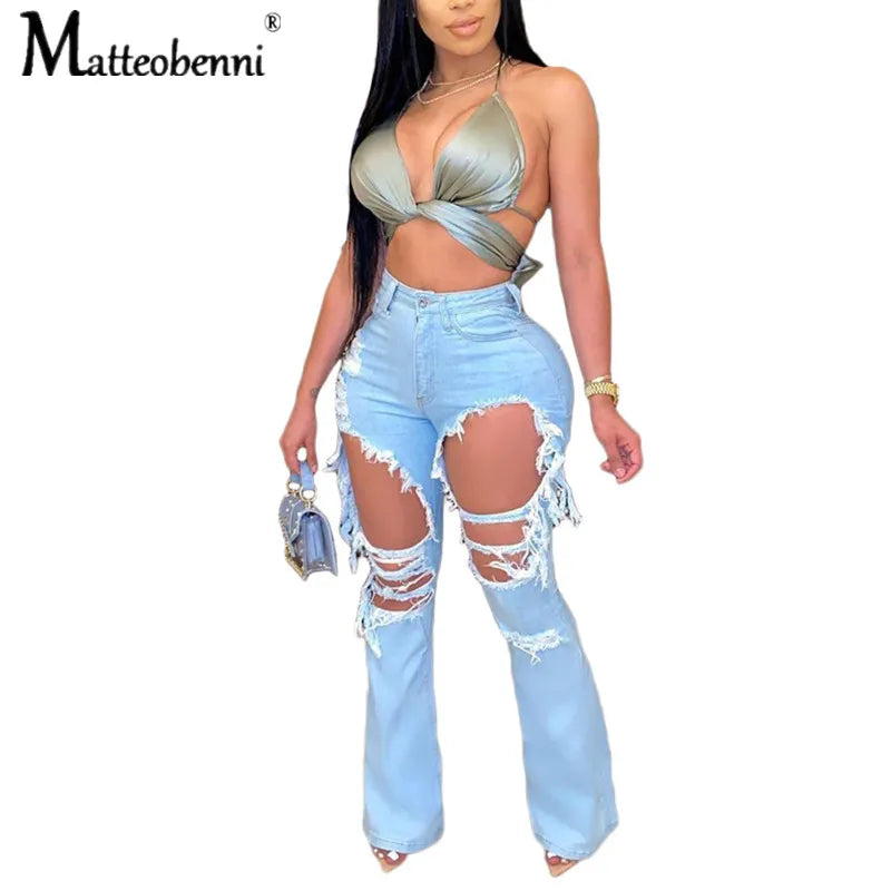 FZ Women's Retro Ripped Flare Skinny Bell Bottom High Waist Denim Pants DSers