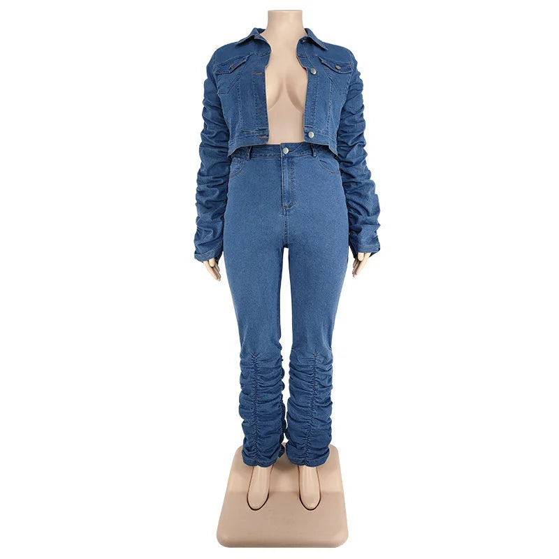 FZ Women's Plus Size Long Sleeve Denim Pant Suit