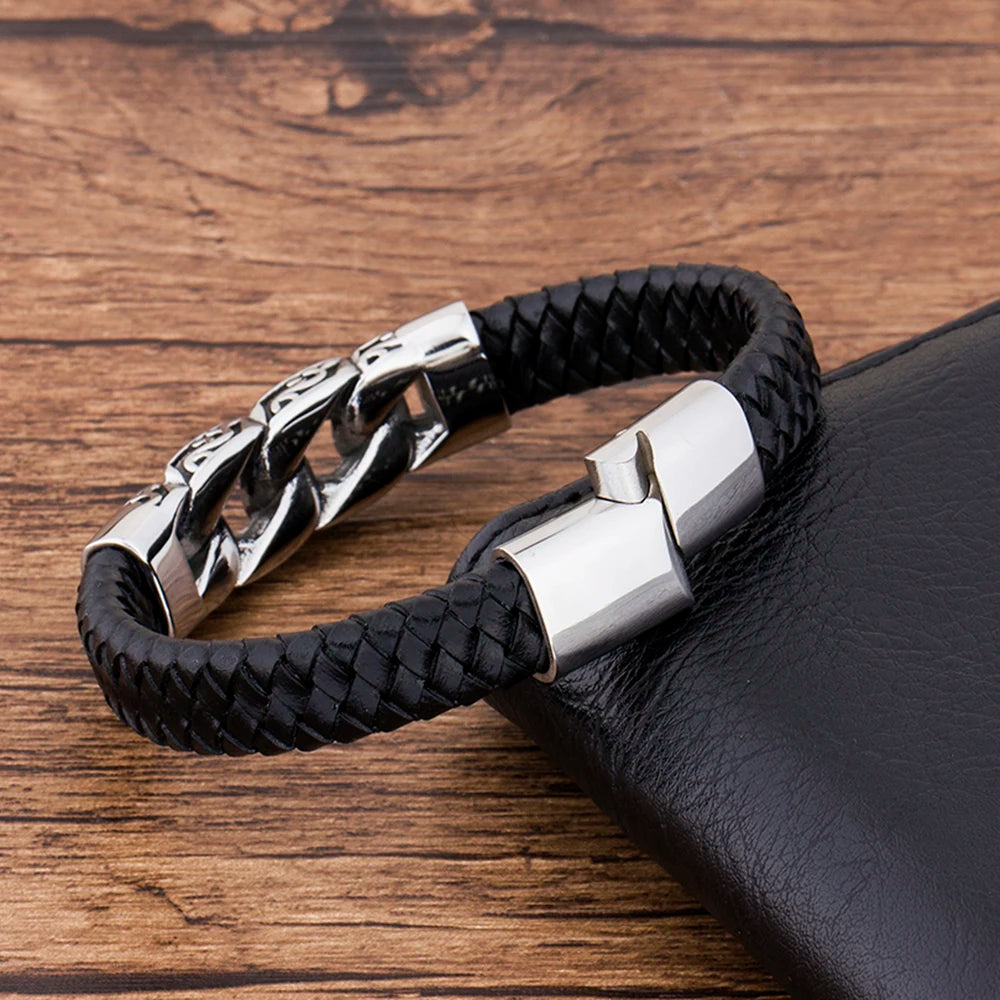 FZ Men's Leather Black Stainless Steel Magnetic Bracelet