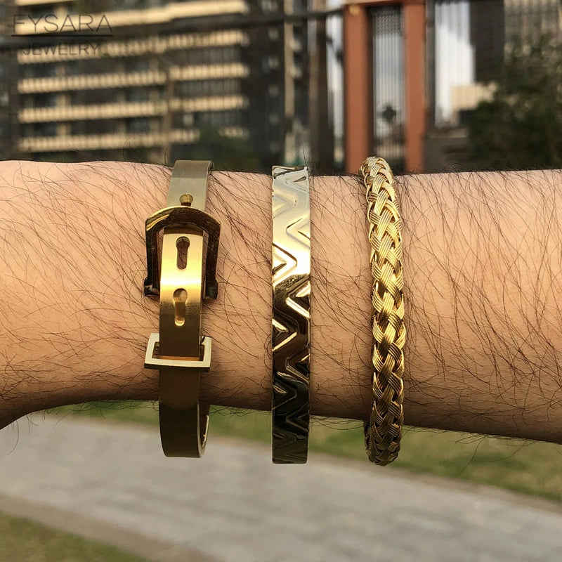 FZ 3pcs/set Luxury Stainless Steel Wristband Braiding V Shaped Cuff Bracelet