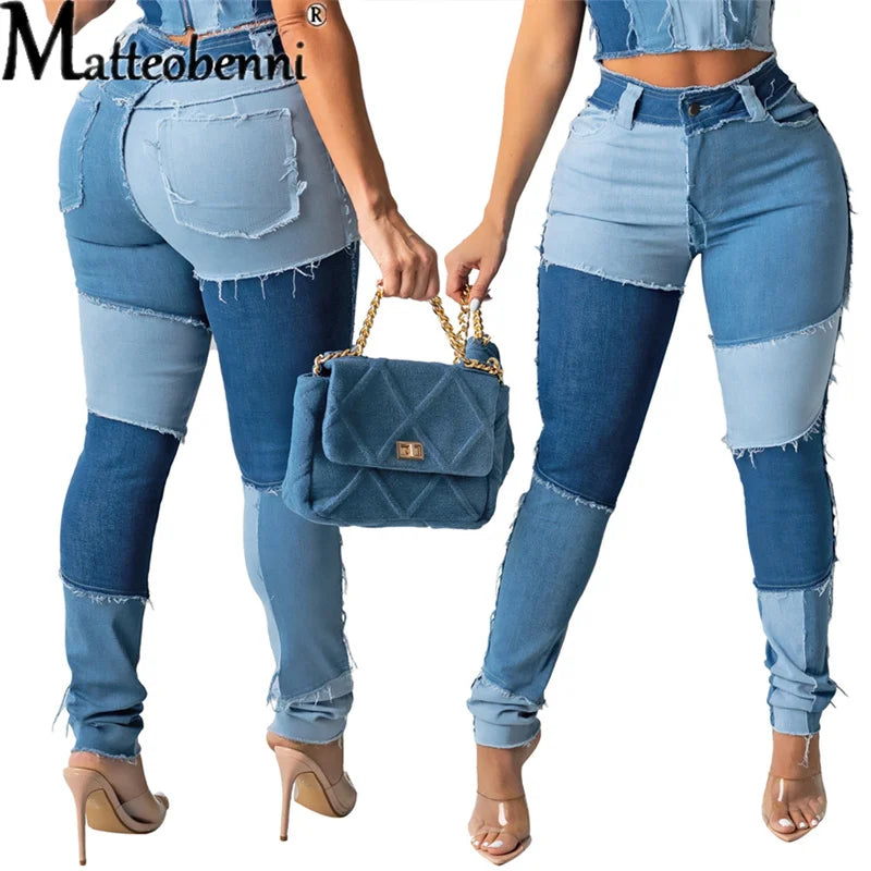FZ Women's Patchwork Slim Fit Stretch Skinny High Waist Pencil Denim Pants