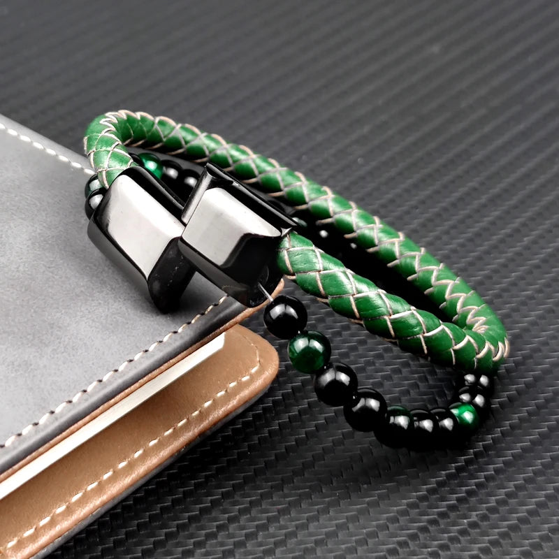FZ Green Stone Beads Multilayer Leather Stainless Steel Bracelet - FZwear