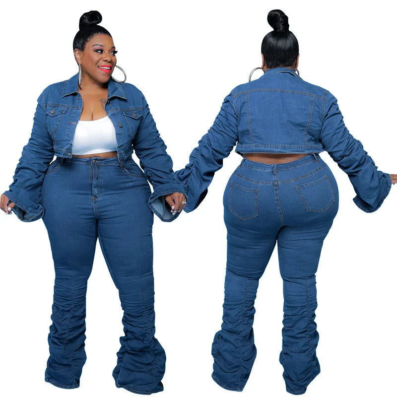 FZ Women's Plus Size Long Sleeve Denim Pant Suit