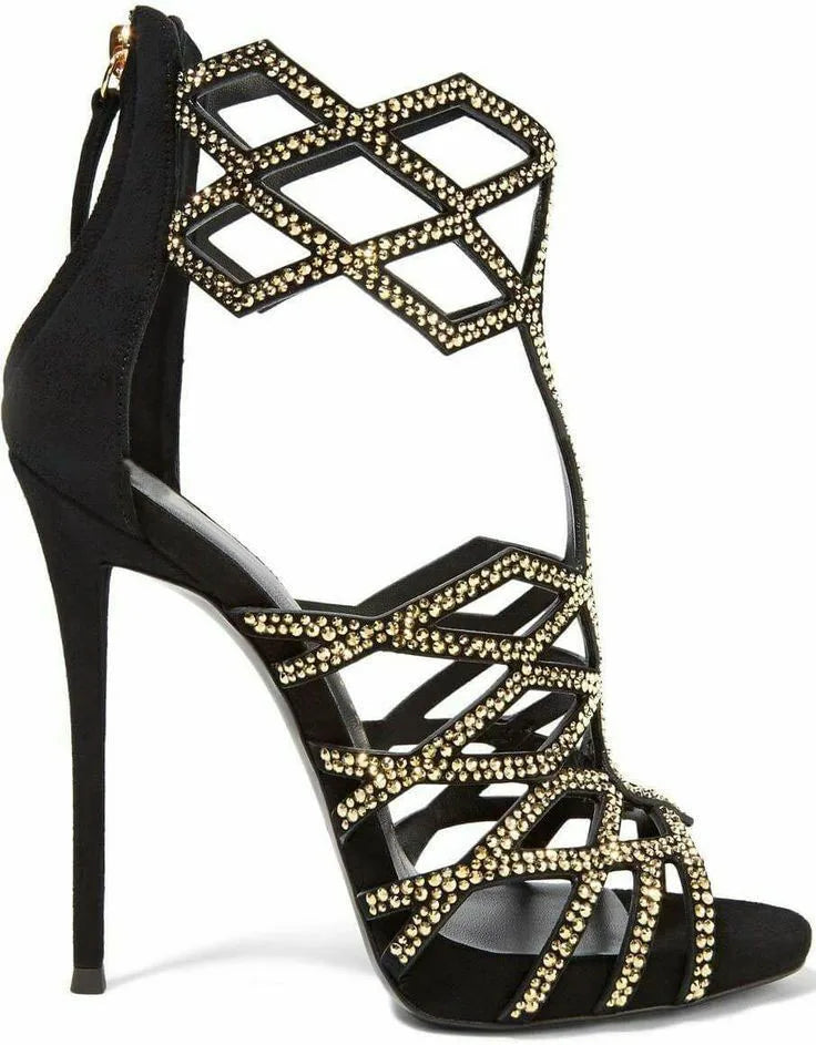 FZ Women's Small Crystal Rhombic Cut out Rhinestone Grid Gladiator Open Toe Shoes