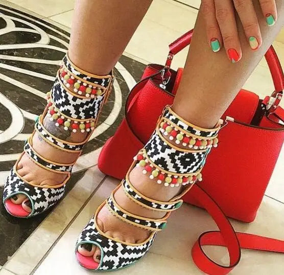 FZ Women's Geometric braided Leather Peep Toe Beading High Heels Shoes