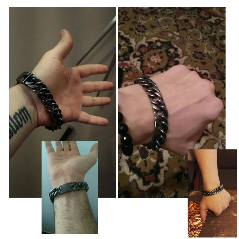 FZ Vintage Black Stainless Steel Rhombus Thick Chain Link Bracelet - FZwear