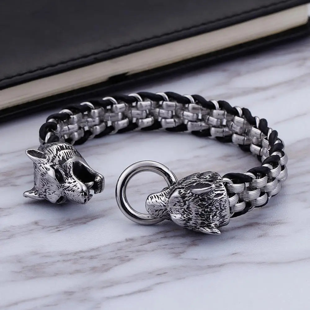 FZ Double Wolf Charm Stainless Steel Cowhide Leather Bracelet - FZwear