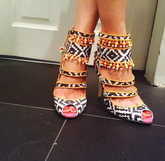 FZ Women's Geometric braided Leather Peep Toe Beading High Heels Shoes