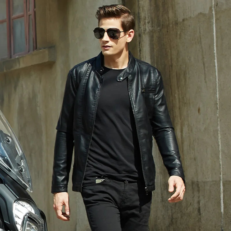 FZ Men's Pure Color Coat Thin PU Leather Jacket - FZwear