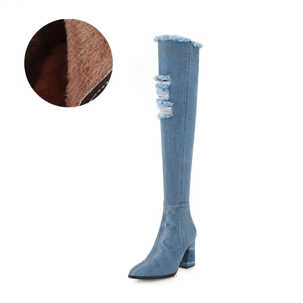 FZ Women's Over The Knee High Pointed Toe Gladiator Heeled Denim Boots
