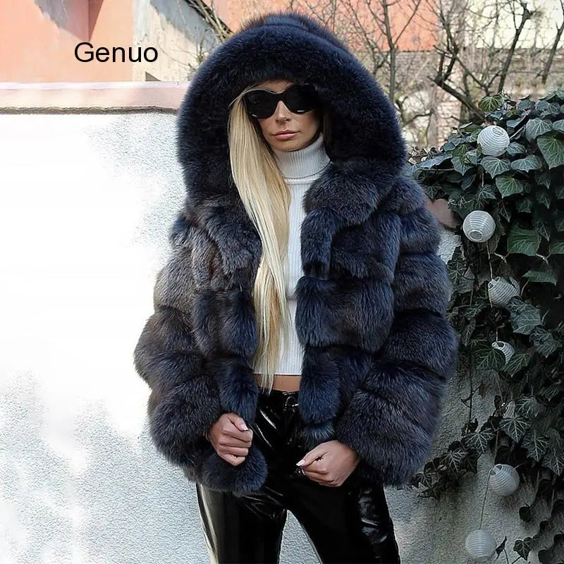 FZ Women's Faux Sheep Fur Fox Long Sleeve Hooded Jacket - FZwear