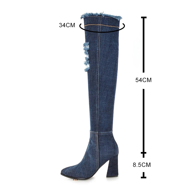 FZ Women's Over The Knee High Pointed Toe Gladiator Heeled Denim Boots