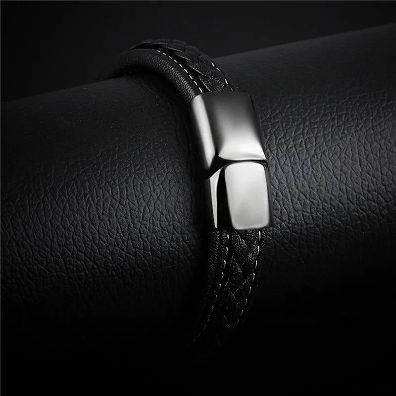FZ Leather Glossy Stainless Steel Layered Braided Bracelet - FZwear