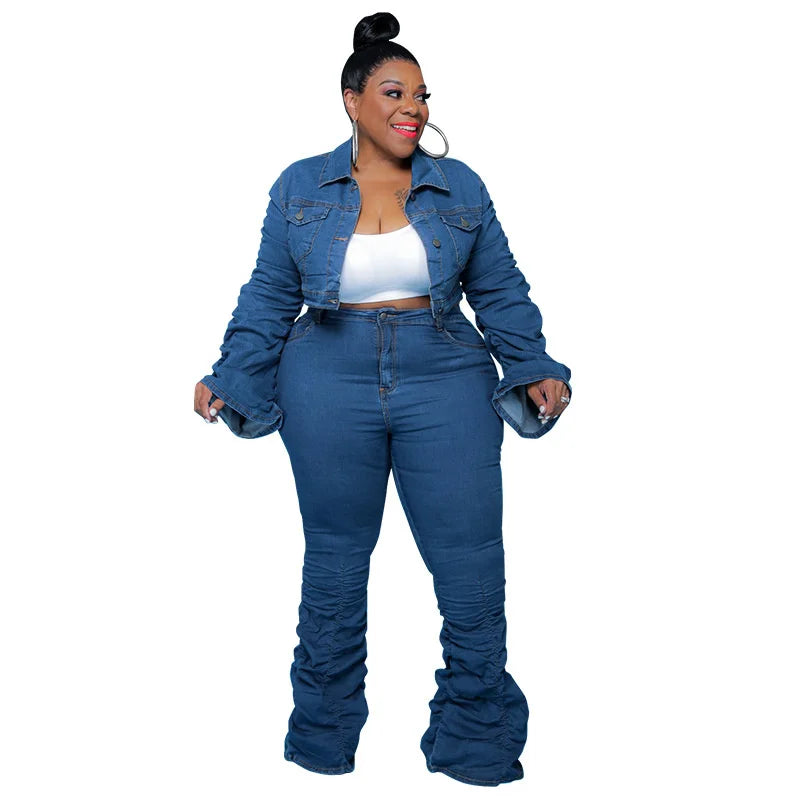 FZ Women's Plus Size Long Sleeve Denim Pant Suit