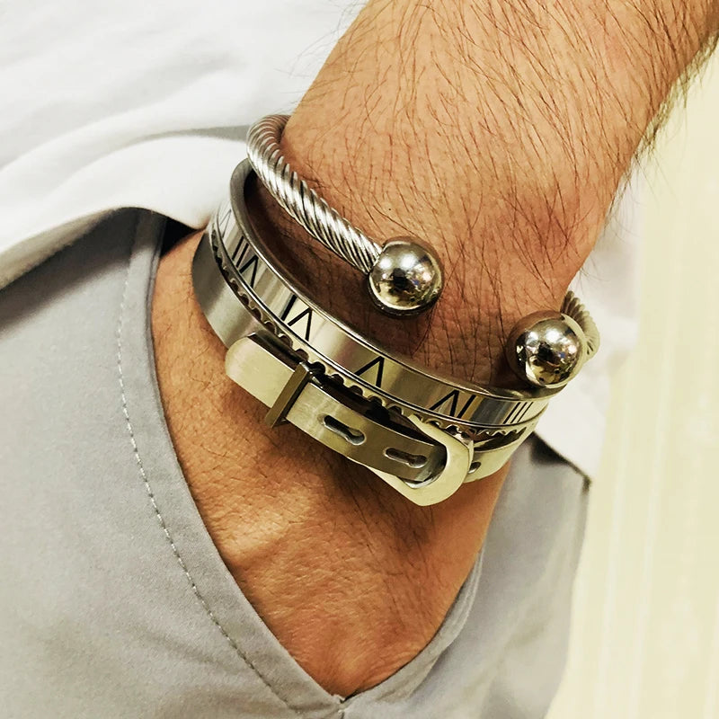 FZ 3 pcs/Set Royal Roman Numeral Belt Buckle Stainless Steel Bracelet - FZwear